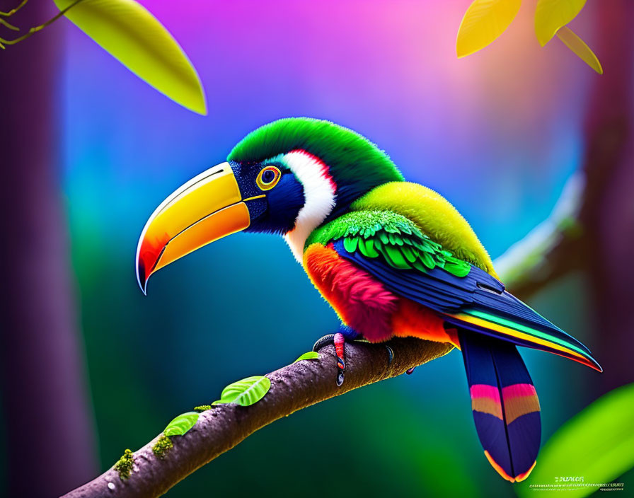 Colorful Toucan Perched on Branch with Purple and Green Background