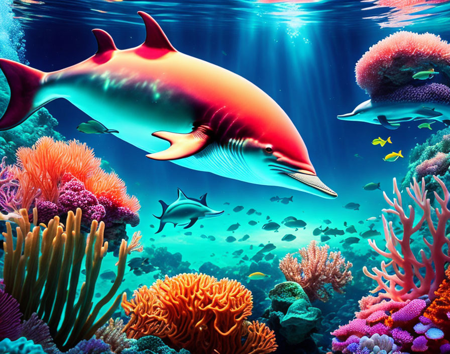 Colorful Coral Reefs and Fish with Whale-Like Creature