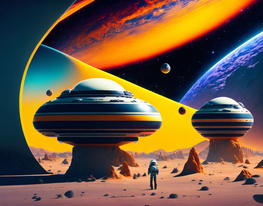 Astronaut on alien desert planet with futuristic structures & cosmic view