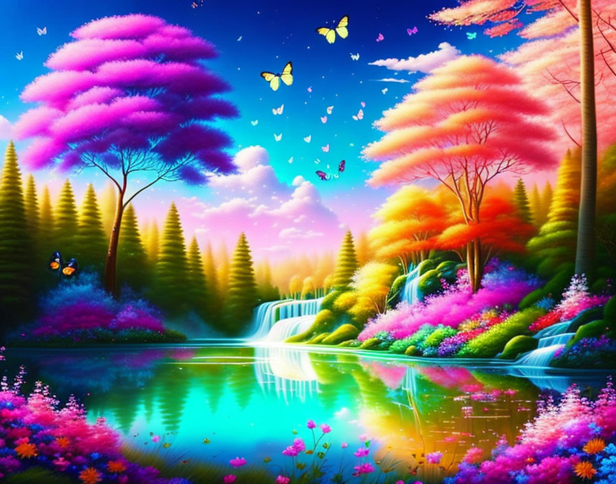 Colorful Trees, Waterfall, Butterflies, and Blue Lake in Fantasy Landscape