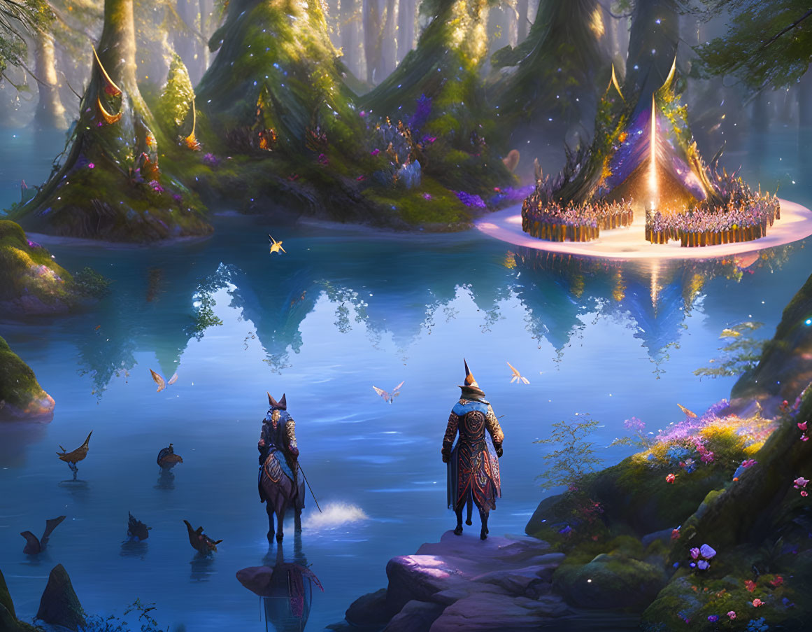 Armored figures on horseback in mystical forest with illuminated trees