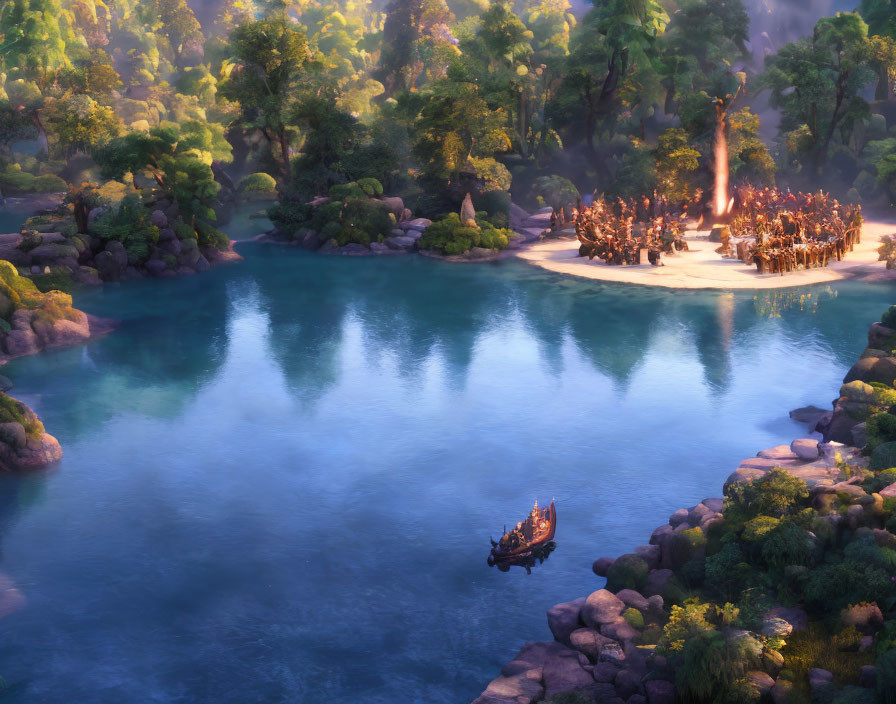 Tranquil animated lake scene with boat, campfire, crowd, and greenery