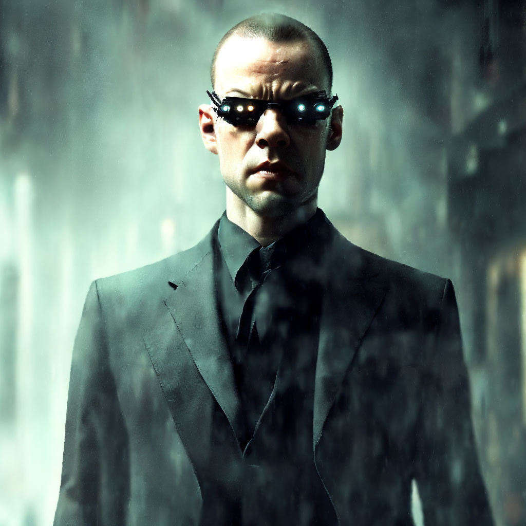 Confident man in black suit with shaved head and sunglasses in dimly lit setting