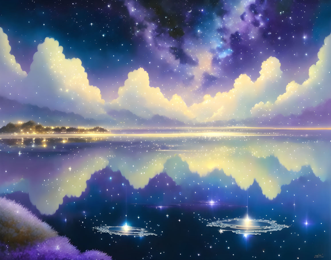 Starry night landscape with lake, clouds, and distant lights