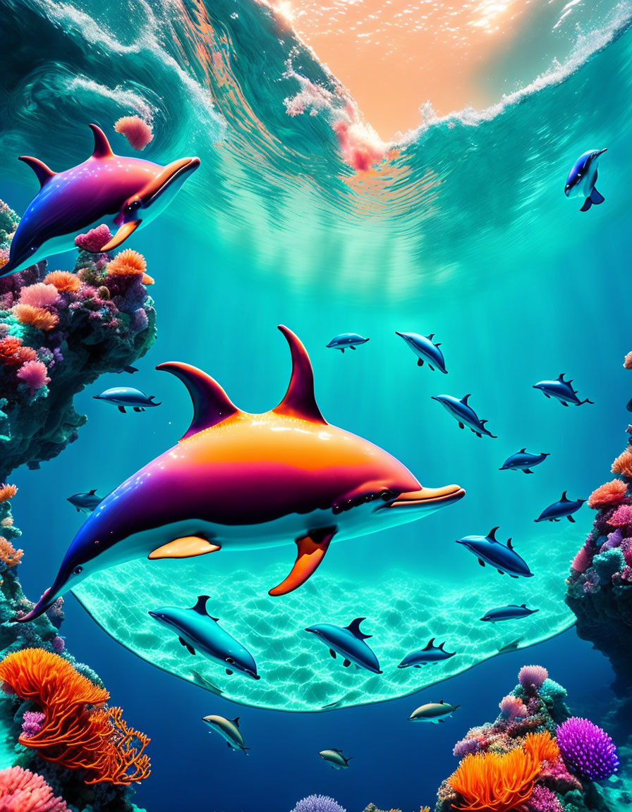 Colorful dolphins swim in vibrant underwater scene