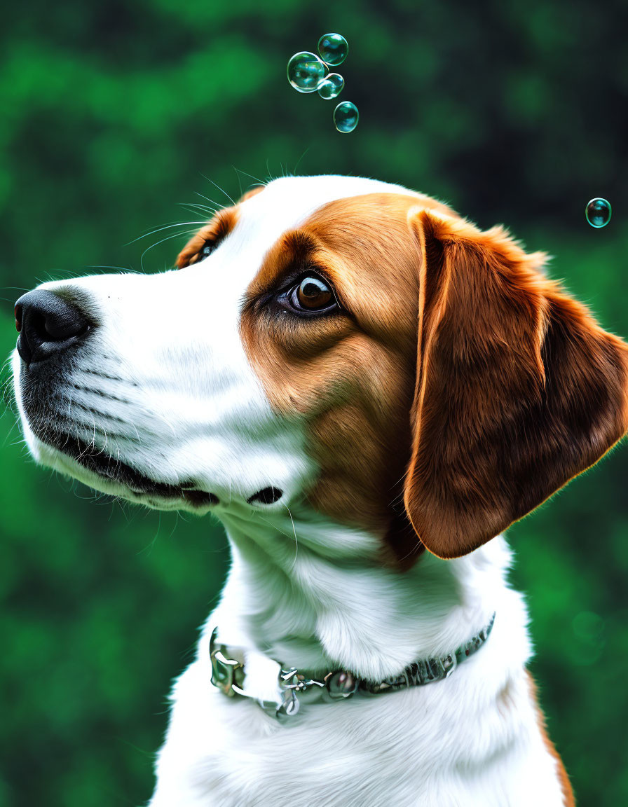 Brown and white fur beagle with bubbles on green background