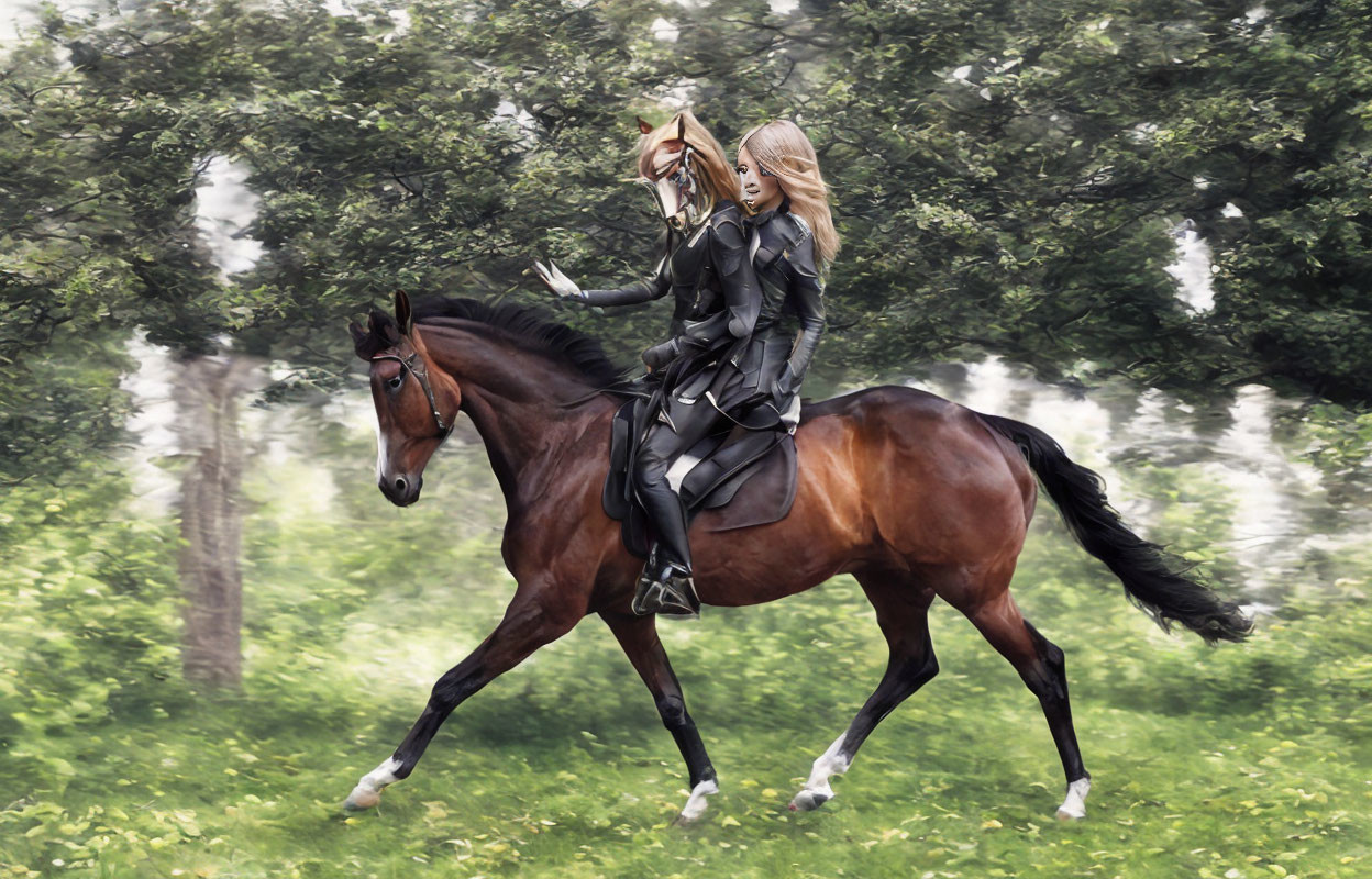 Woman in black riding attire on galloping horse in lush green setting