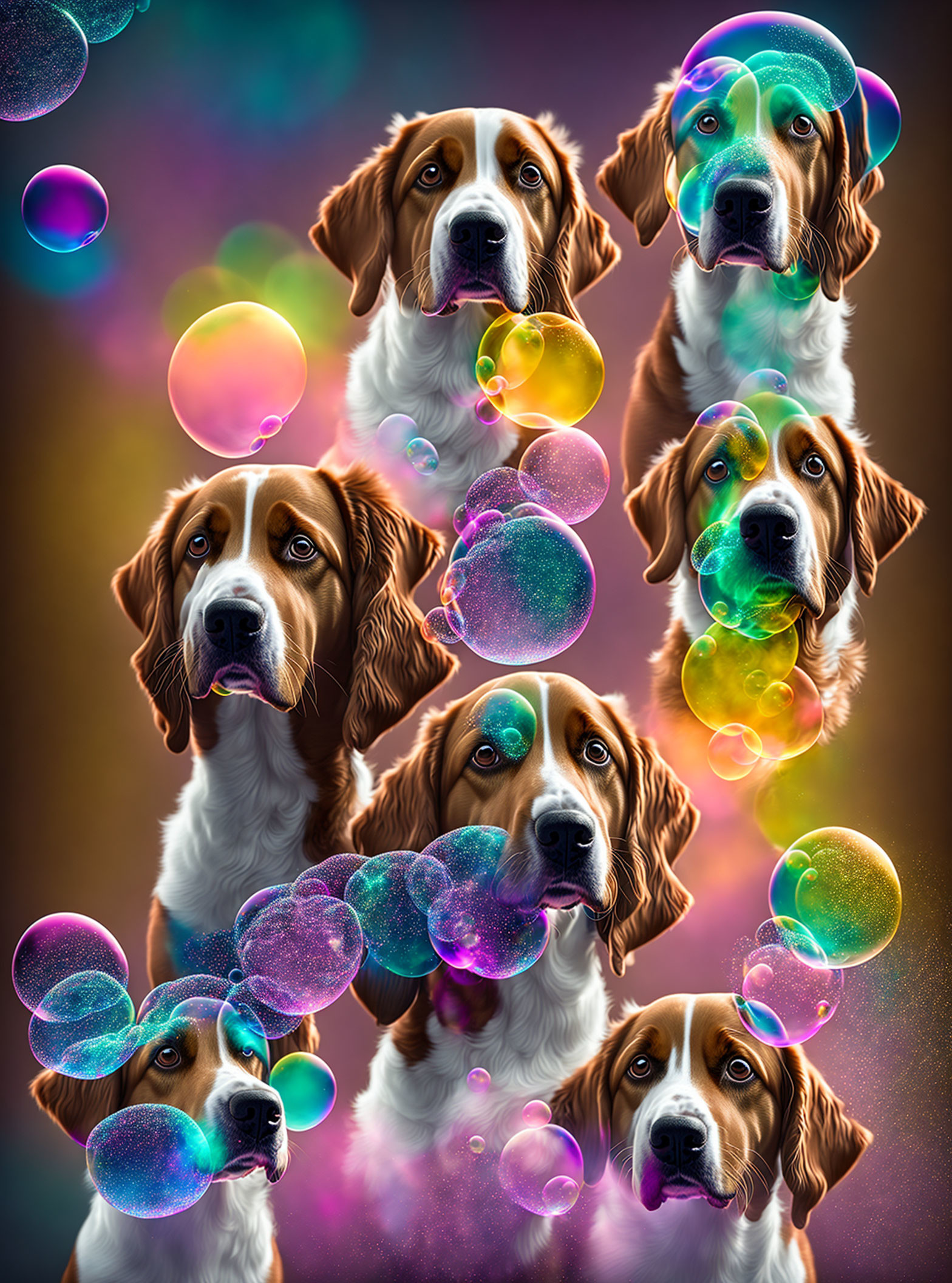 Vibrant Beagles in Colorful Bubble Illustration