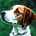 Brown and white fur beagle with bubbles on green background