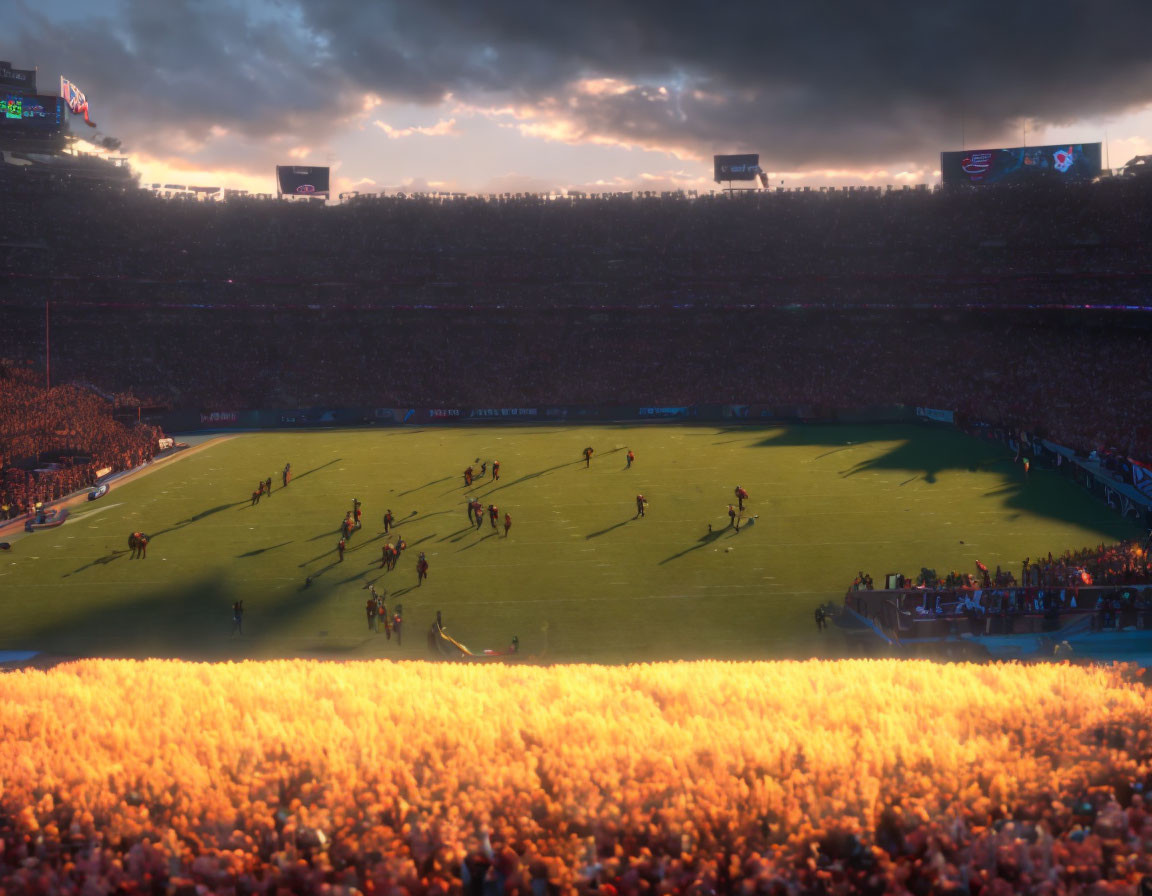 Crowded stadium scene during a football game in dramatic sunlight