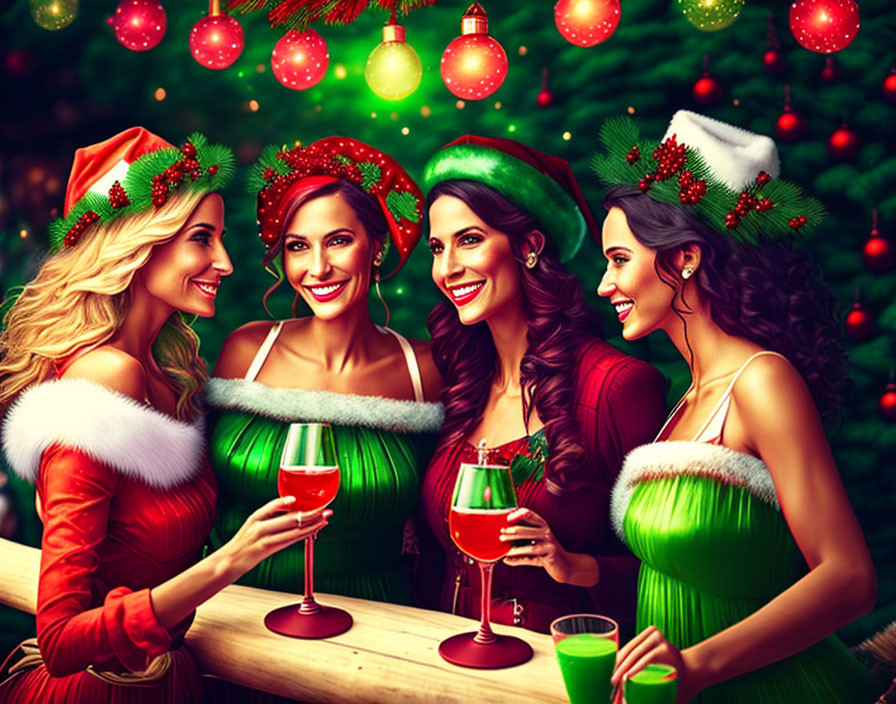 Four women in festive Christmas attire at holiday gathering with drinks and decorations.