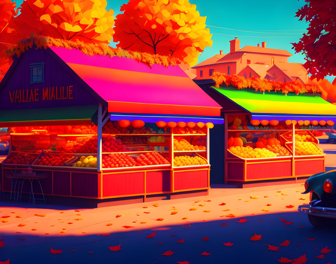 Colorful Autumn Fruit Market Under Golden Trees with Classic Car in Warm Sunlight