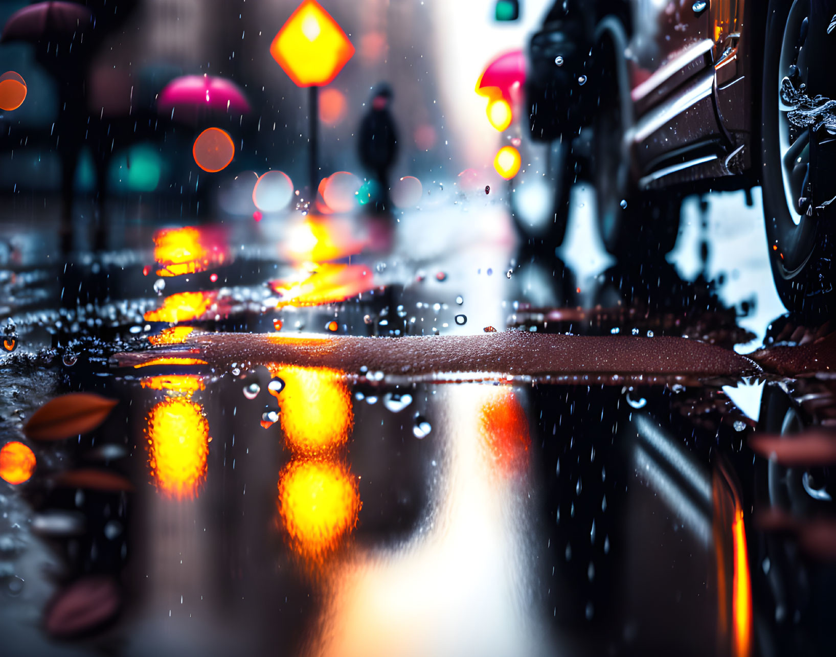 Wet city street close-up with car, pedestrians, raindrops.