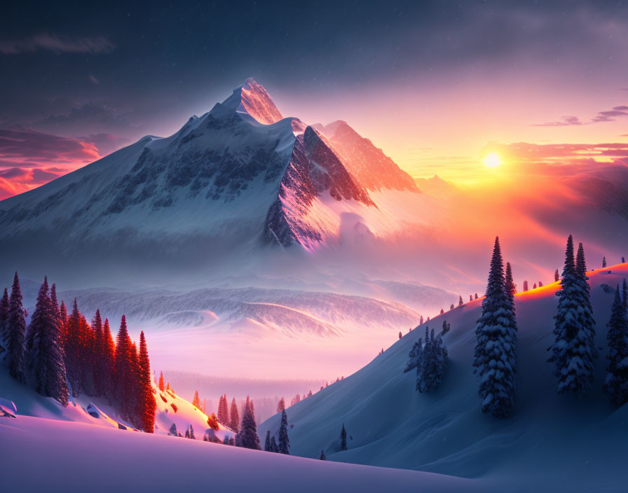 Majestic snow-covered mountains at sunset with pine trees and mist