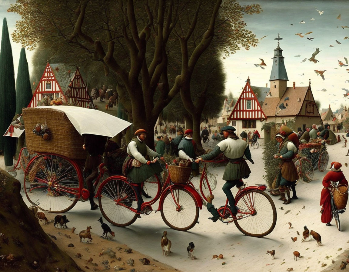 Whimsical painting of people on ornate bicycles in rustic village