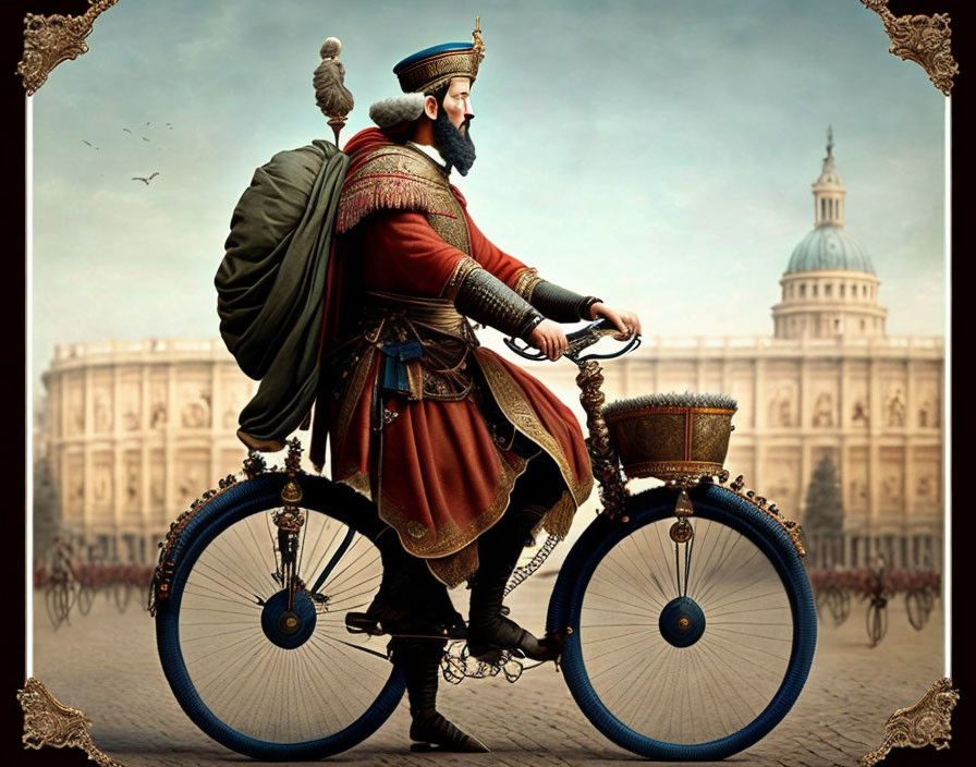 Man in historical royal attire rides ornate bicycle in front of majestic building