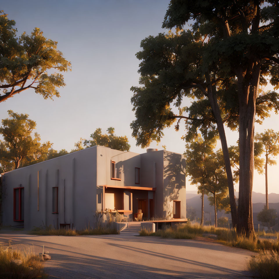 Cubic Modern House with White Walls and Red Window Frames at Sunset