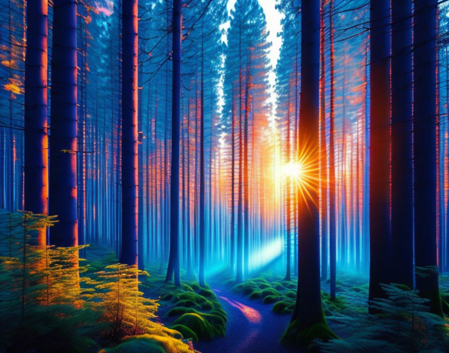 Enchanting forest with tall trees and ethereal blue glow