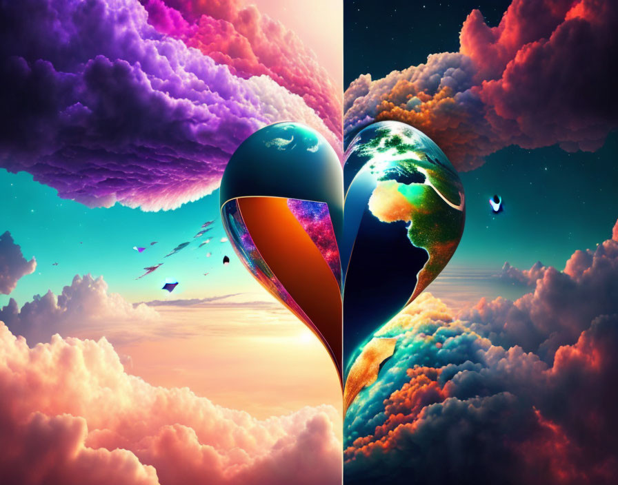 Surreal image: Heart-shaped planet halves divided by colorful clouds