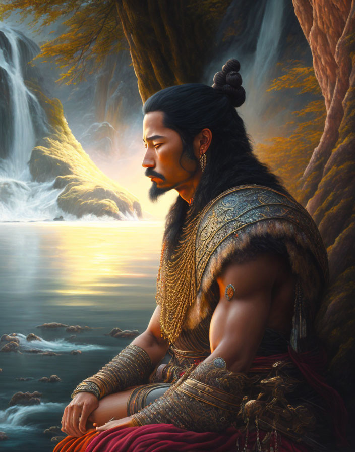 Man in traditional armor by serene lakeside with waterfalls