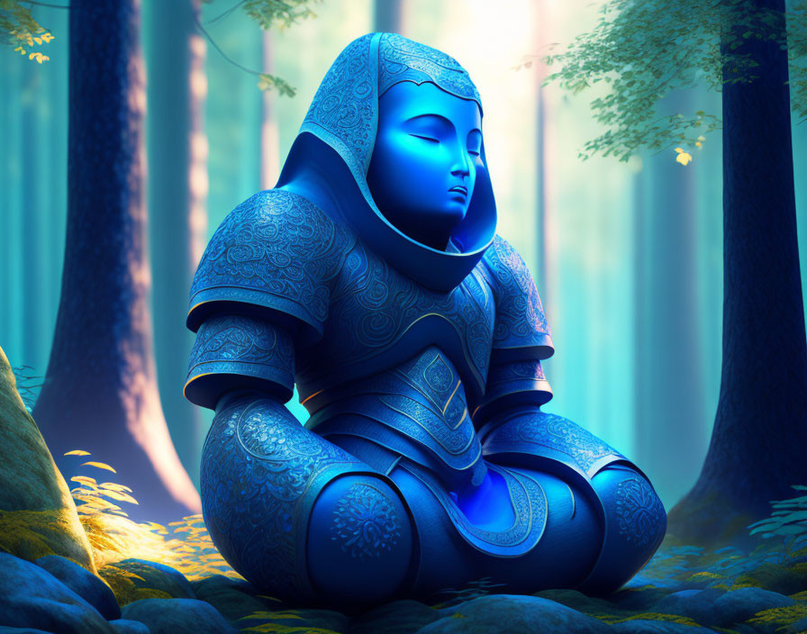 Blue Robotic Monk Meditating in Sunlit Forest