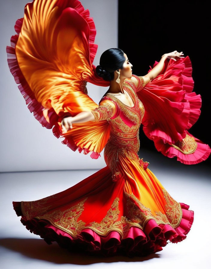 Vibrant red and orange gown with elaborate embroidery twirls gracefully