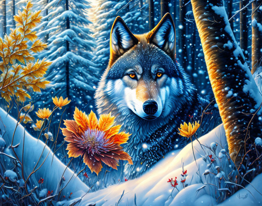 Wolf in Snowy Landscape with Yellow Flowers and Frosted Trees