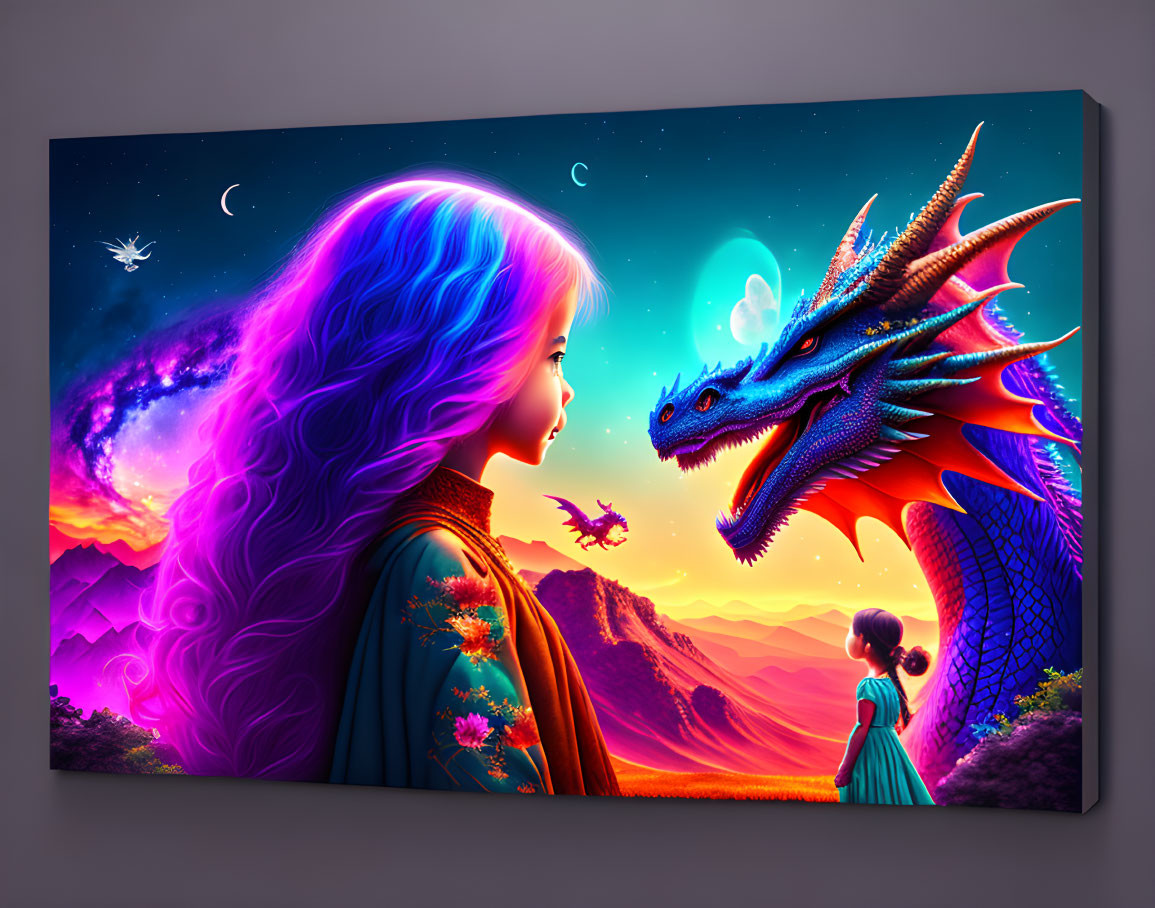 Colorful canvas art of girl with purple hair and blue dragon under twilight sky.