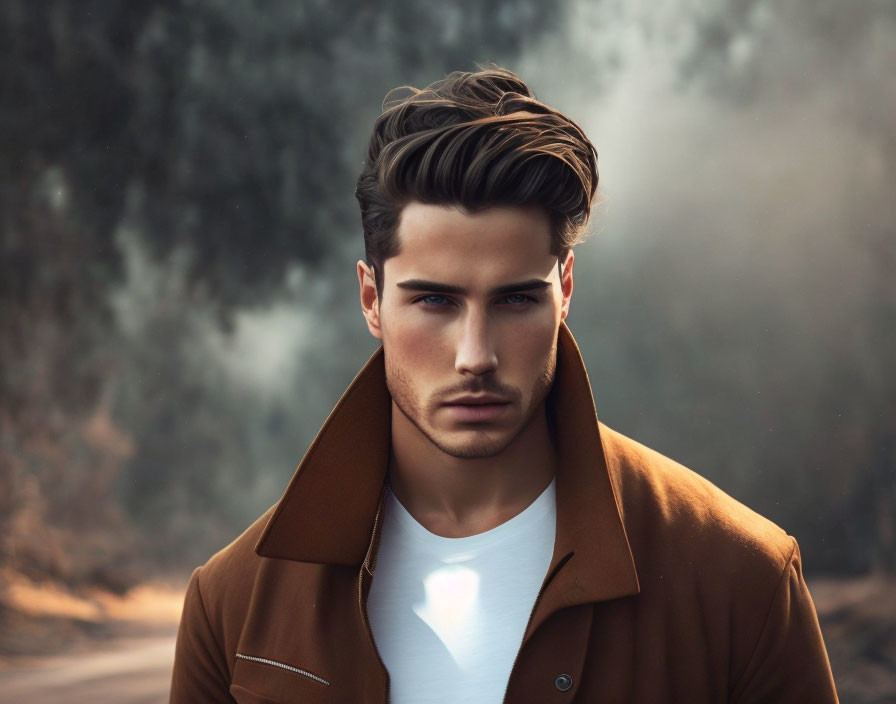 Stylized portrait of man with sleek hair and focused gaze in white shirt and camel coat against sm