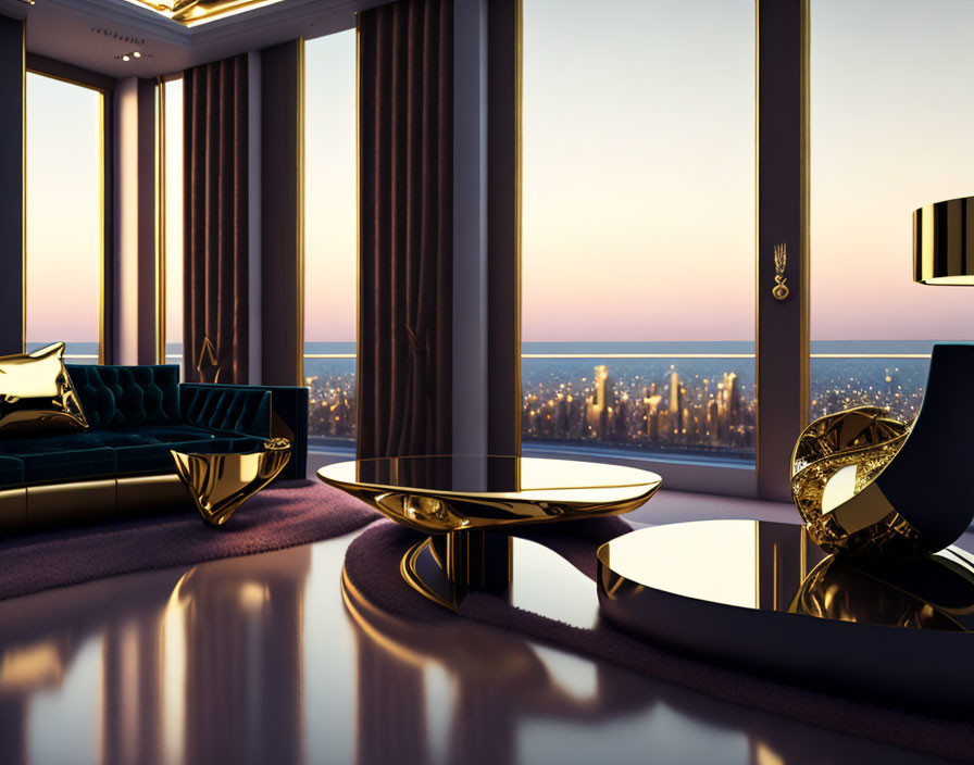 Elegant interior with velvet sofa, modern chairs, and gold-toned tables overlooking city skyline at sunset