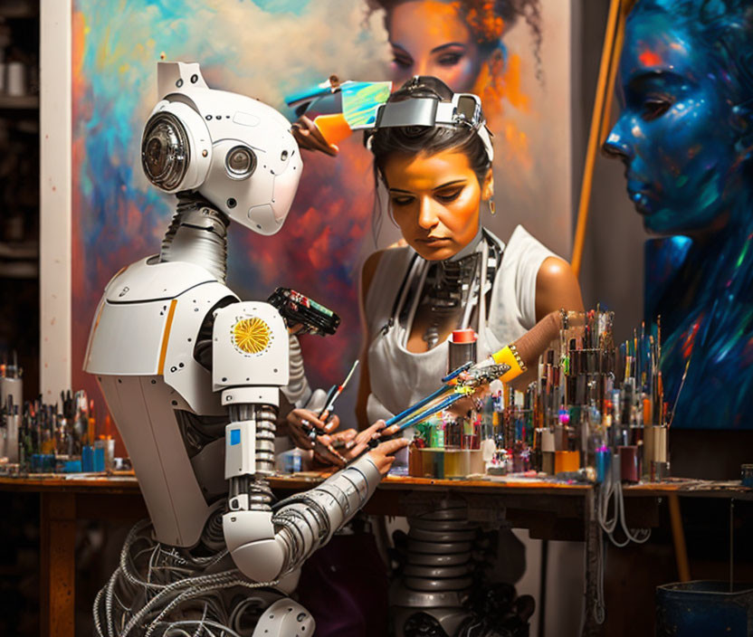 Robot-assisted woman artist painting portrait in colorful studio