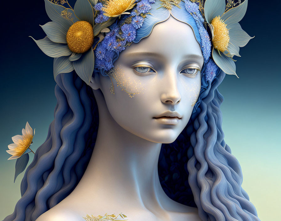 Serene female figure with blue skin and floral crown on gradient background