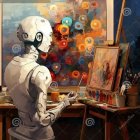 Robot-assisted woman artist painting portrait in colorful studio