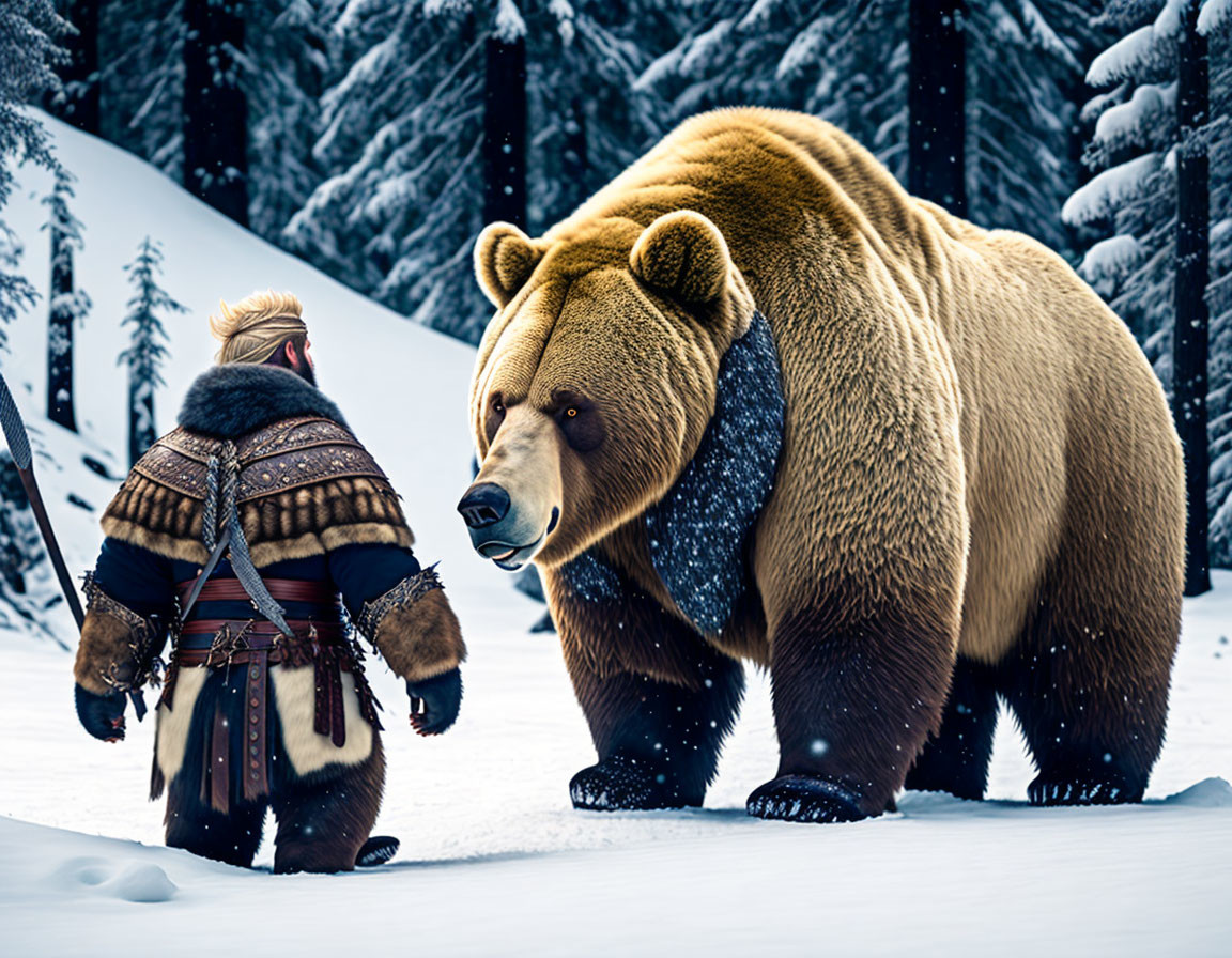 Person in traditional fur attire confronts giant bear in snowy forest