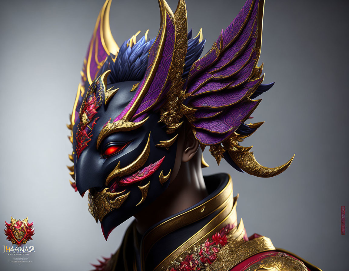 Detailed Mask with Golden Accents, Purple Feathers, Black & Red Color Scheme worn by Figure in