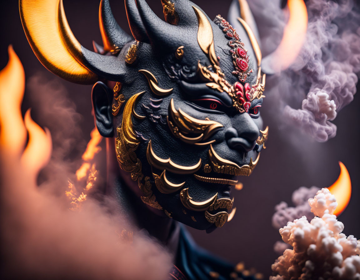 Black and Gold Dragon Mask with Horns and Red Accents in Flames