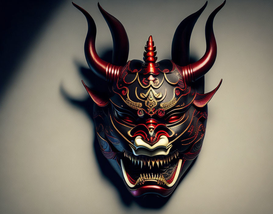 Detailed Japanese Oni Mask with Horns and Sharp Teeth