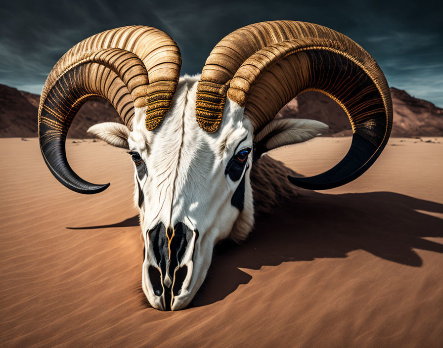 Majestic ram with large curved horns in sand under clear sky