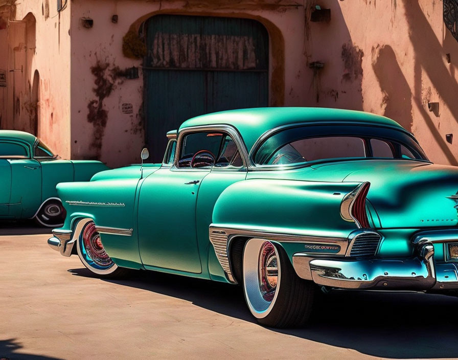 Teal Vintage Car Parked in Front of Building