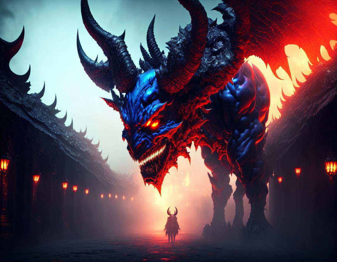 Menacing blue dragon with red eyes in dark hall with spikes and torches