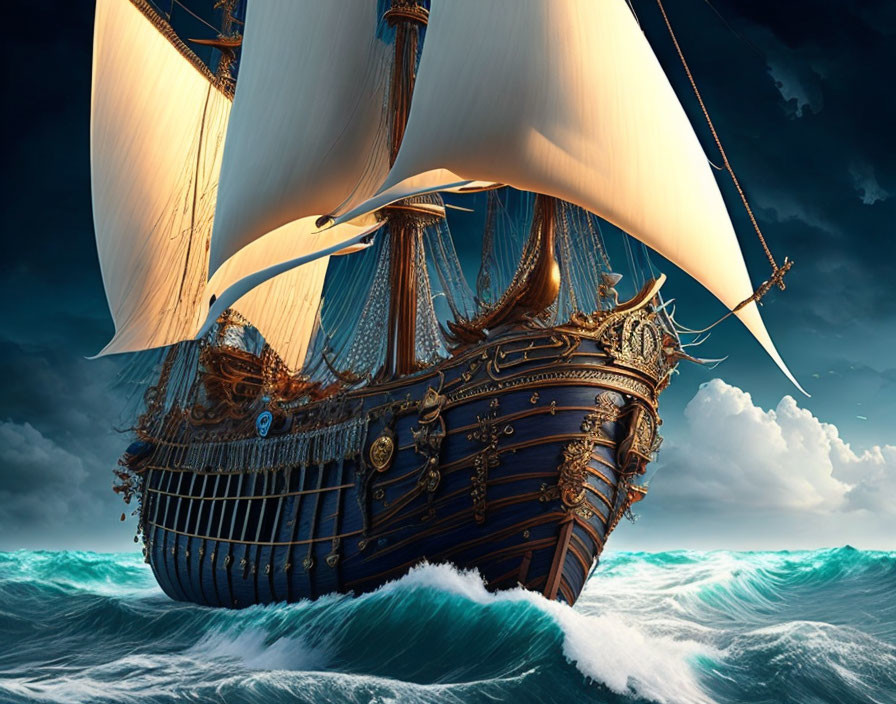 Old-fashioned ship with billowing sails in turbulent teal waters under dramatic sky