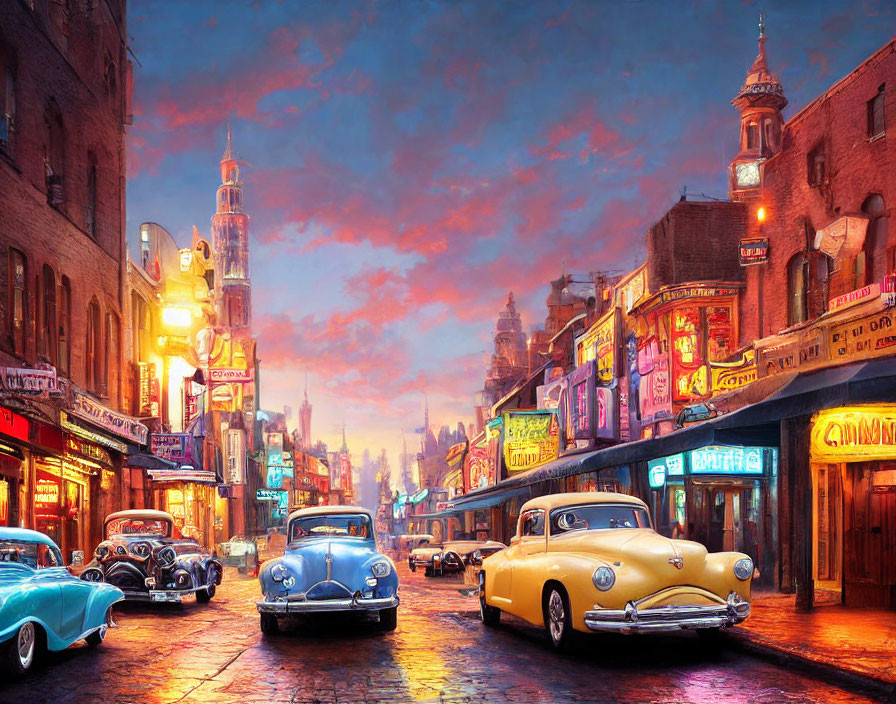 Vintage cars and neon signs in a vibrant dusk street scene