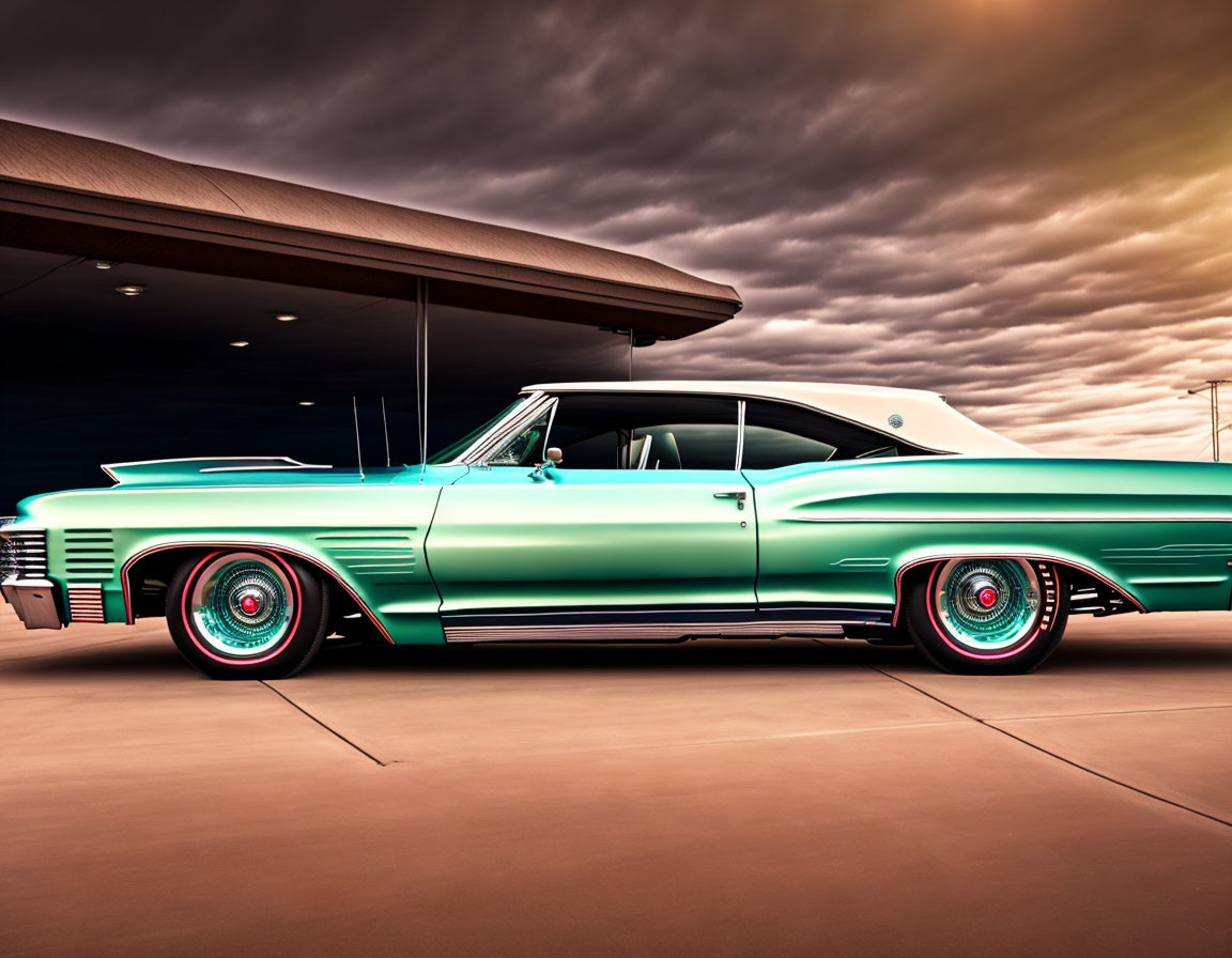 Classic turquoise car with white top and red-rimmed wheels under cloudy sunset sky