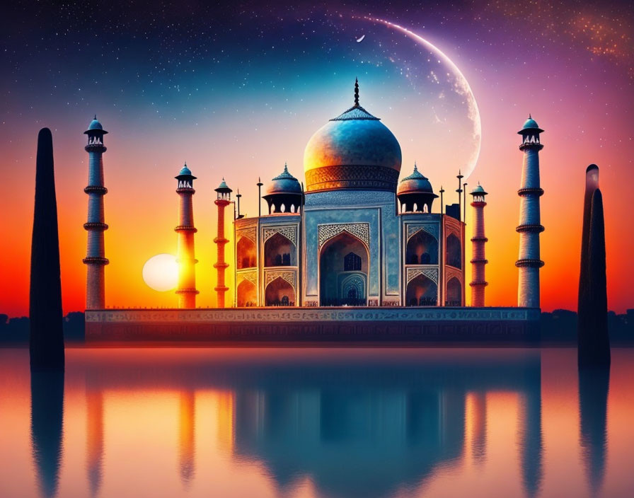 Iconic Taj Mahal at sunset with surreal sky and crescent moon reflected on water