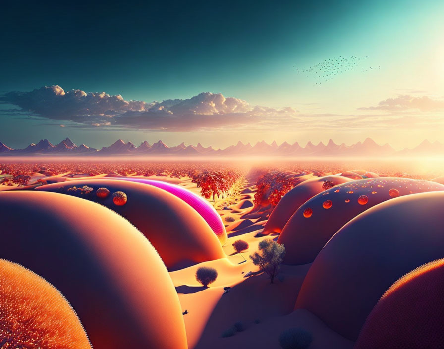 Surreal landscape with rounded hills, trees, birds, and bubble-like spheres