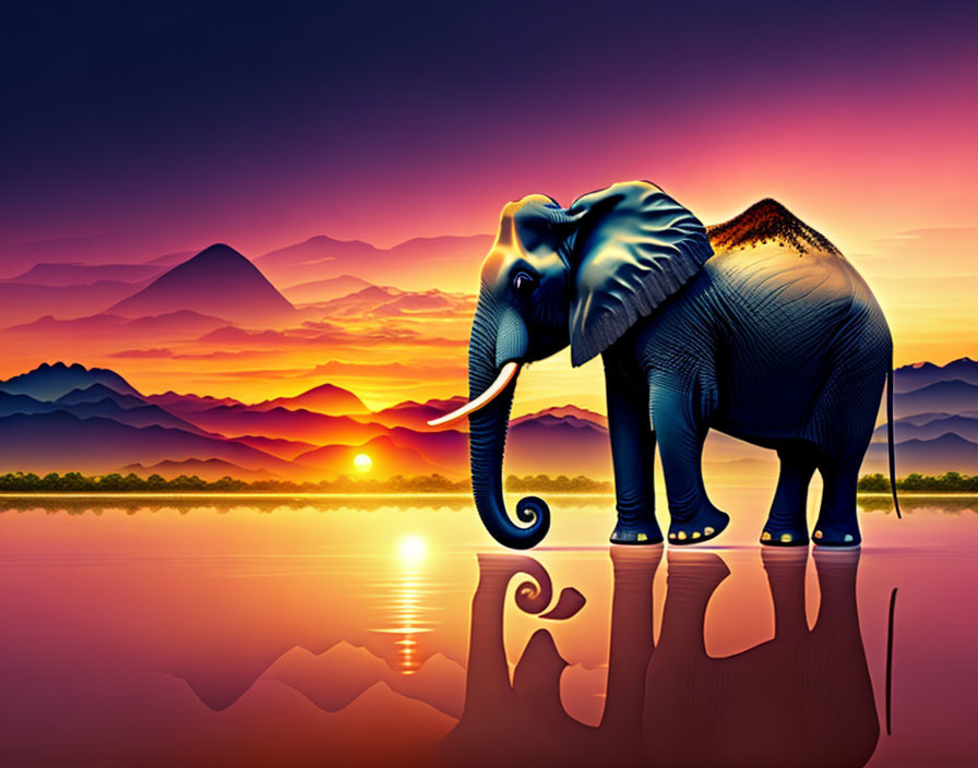 Illustrated elephant at sunset by water with vibrant sky and mountainous landscape