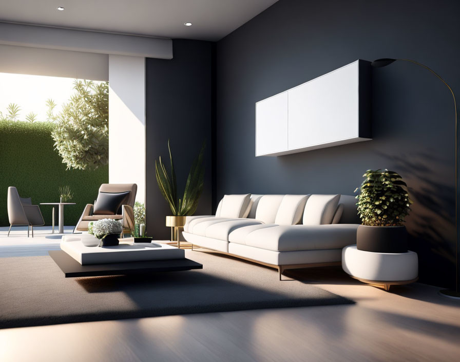 White Sectional Sofa in Modern Living Room with Dark Walls & Large Windows