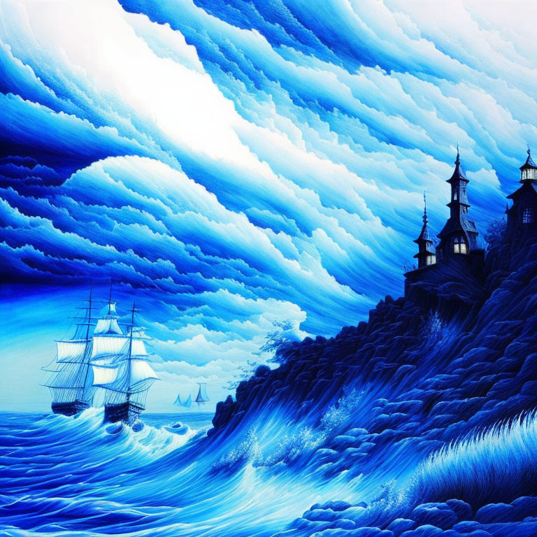 Illustration of sailing ship on turbulent sea with oriental buildings on cliffs