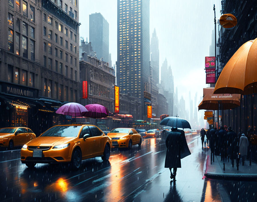 Rainy city scene with yellow taxis, wet streets, pedestrians with umbrellas, and glowing neon signs