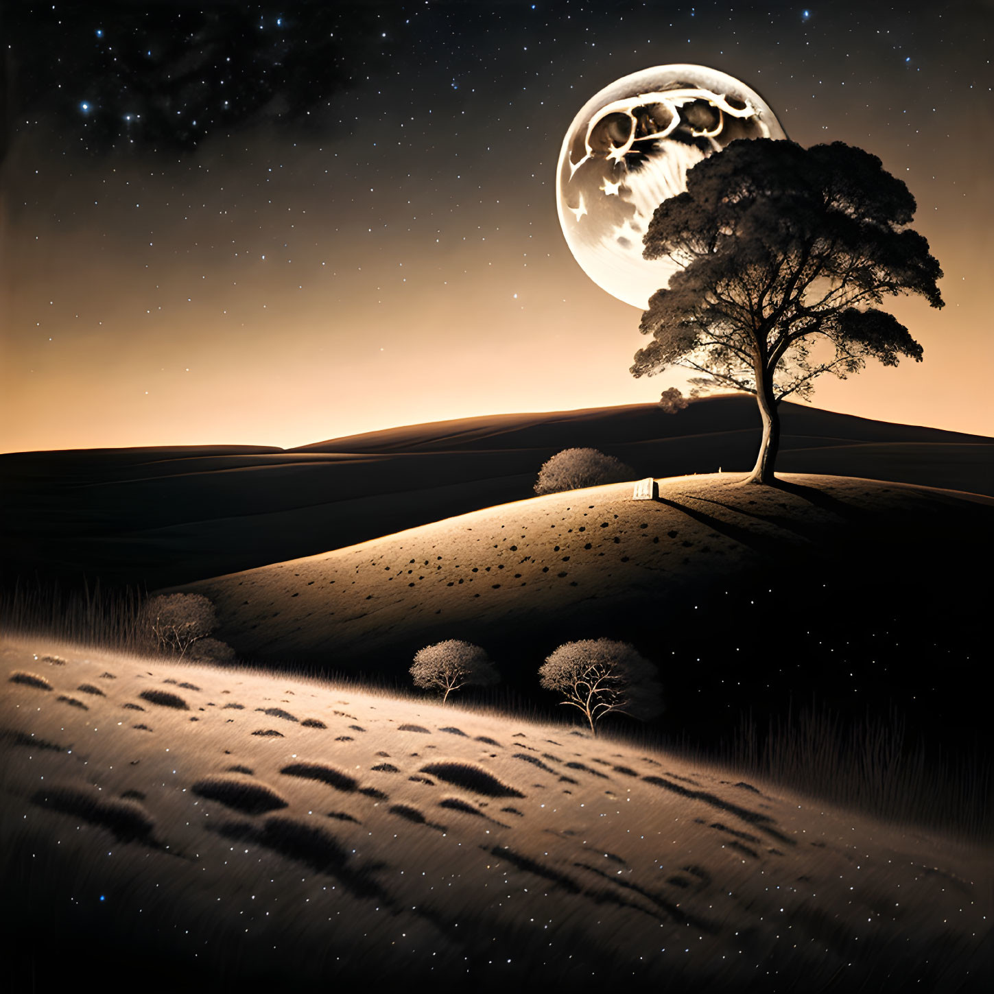 Full Moon Night Landscape with Illuminated Tree on Hill